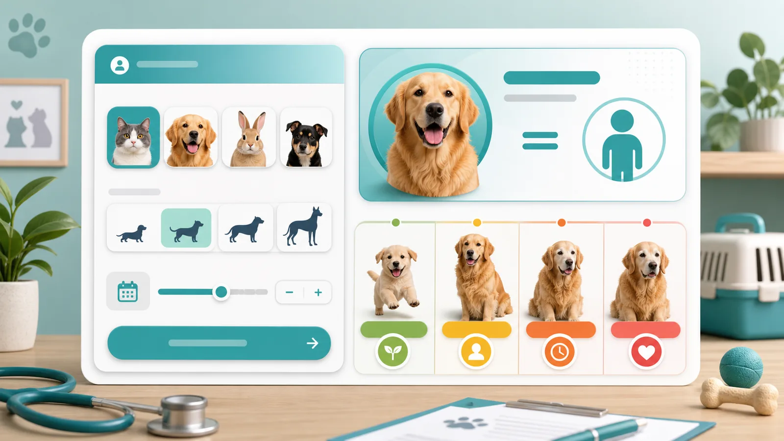 Pet Age Simulator dashboard with pet type controls, dog size choices, human-age estimate, and life-stage cards