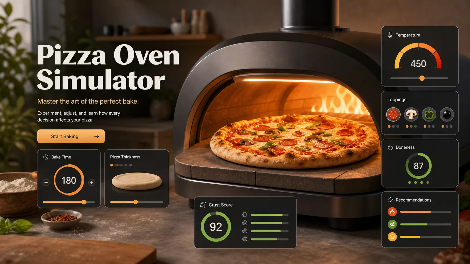 Pizza Oven Simulator preview showing oven controls, pizza crust score, doneness, and baking advice