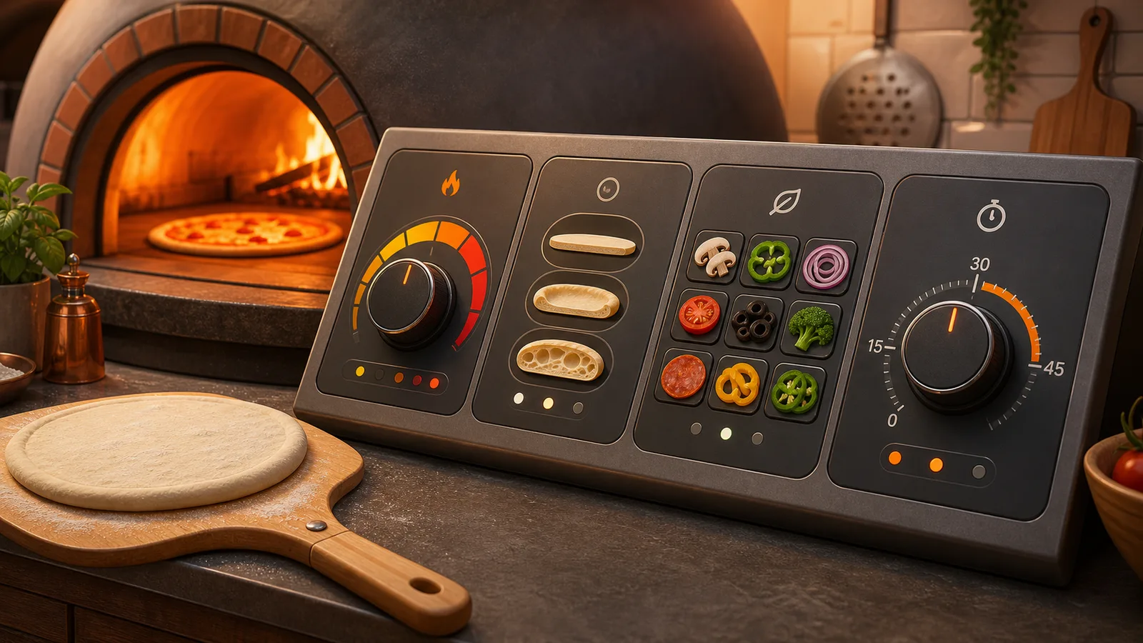 Pizza Oven Simulator overview showing temperature, thickness, toppings, and bake time controls