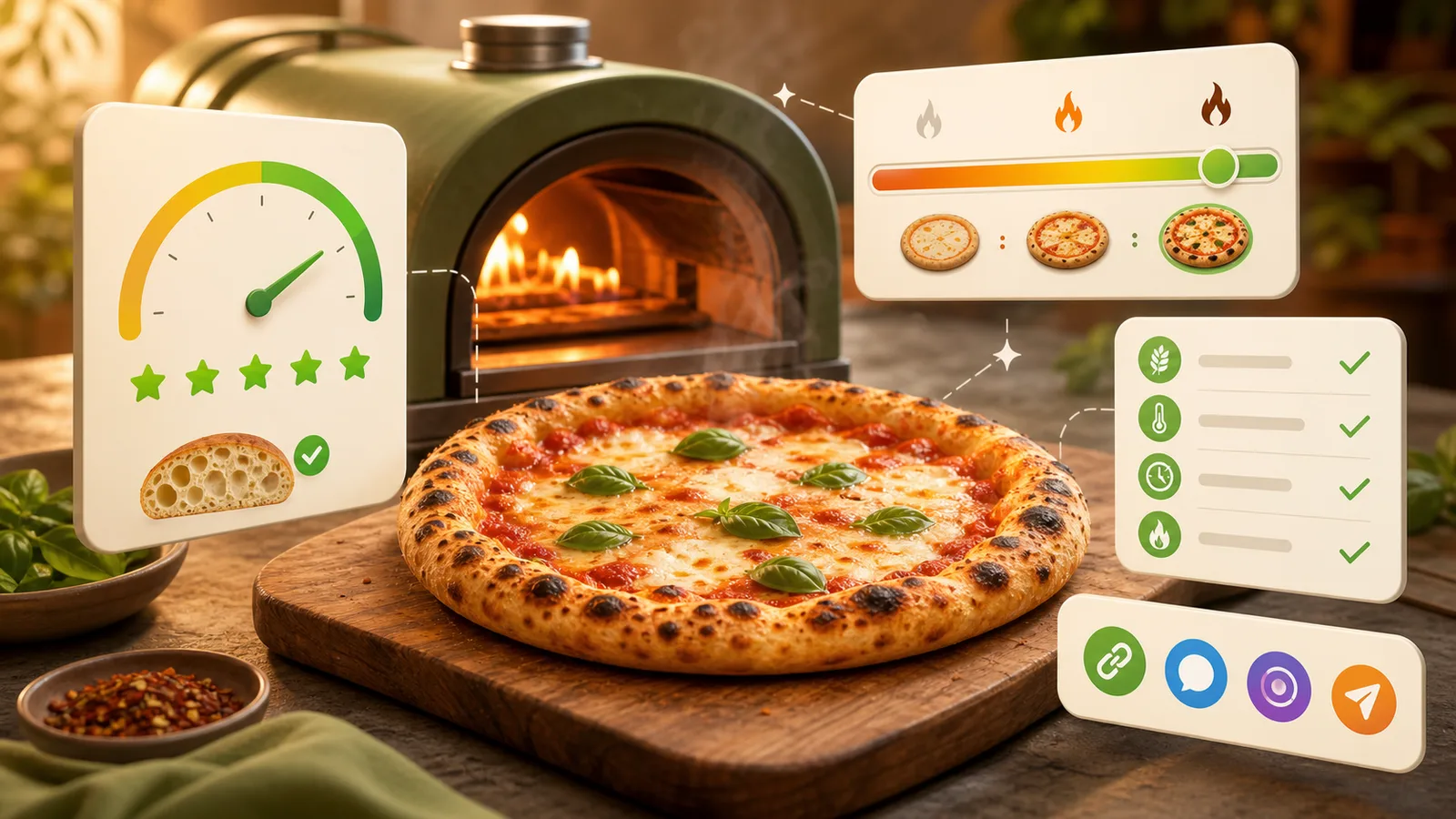 Pizza Oven Simulator result showing crust score, doneness meter, and baking advice