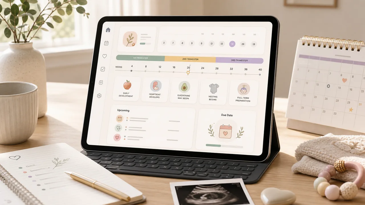 Pregnancy Due Date Simulator timeline showing trimesters, anatomy scan window, prenatal visits, and due date