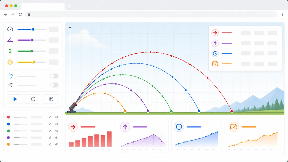 Projectile Motion Simulator comparison preview with multiple projectile arcs and result metrics