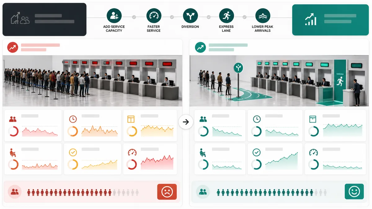 Queue Simulator before-and-after dashboard comparing waiting time, queue length, utilization, and completion rate