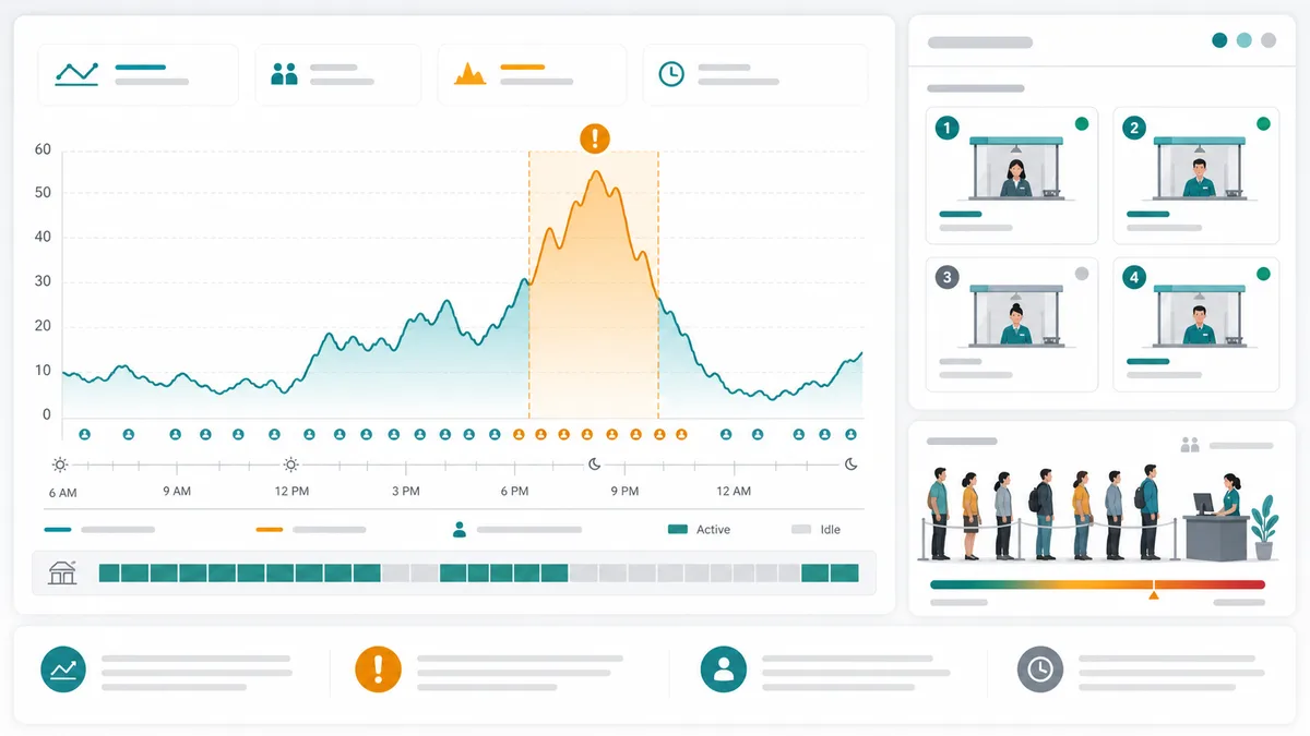Queue Simulator timeline chart showing waiting customers, busy service windows, and a congestion peak