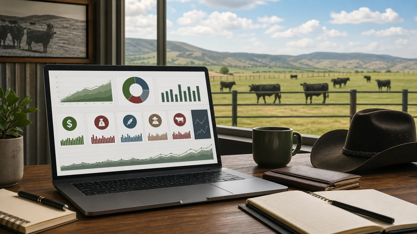 Ranch Profit Simulator preview showing a ranch dashboard with livestock revenue, cost, margin, and break-even charts
