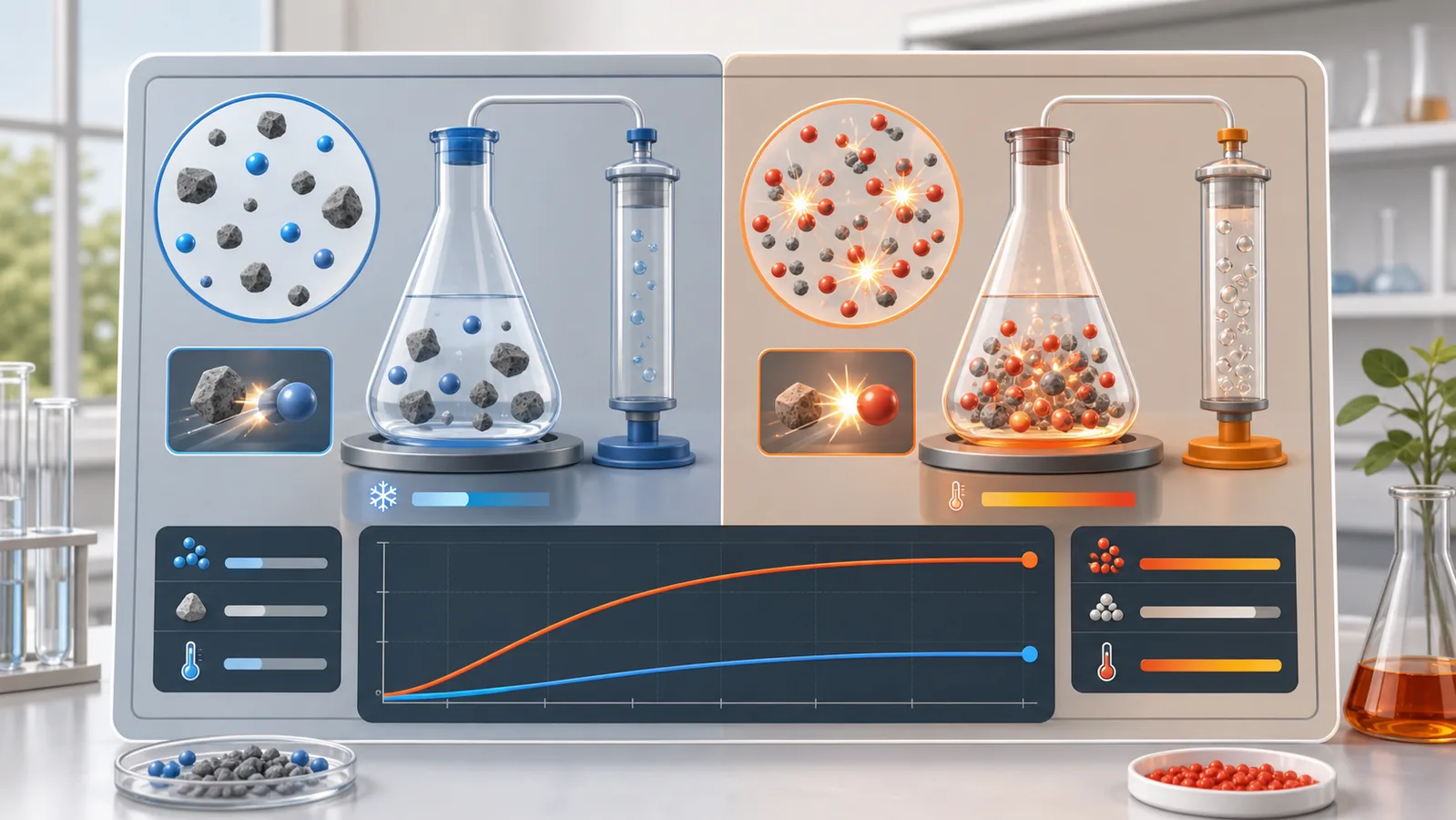 Reaction Rate Simulator preview showing slow and fast reaction conditions with particle collision bursts and reaction rate curves