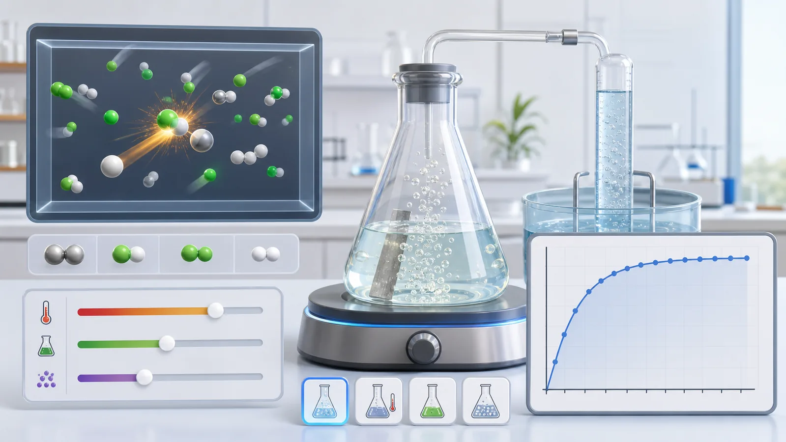 Reaction Rate Simulator preview showing chemistry reaction controls, particle collisions, gas bubbles, and reaction rate curves