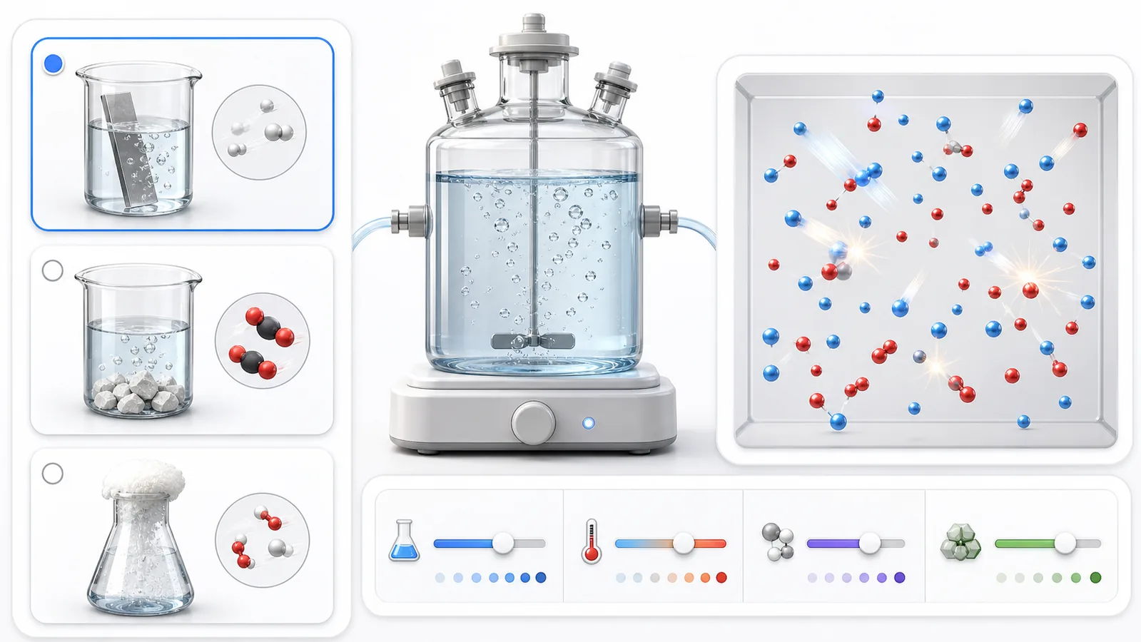 Reaction Rate Simulator preview showing reaction scenario cards, concentration, temperature, particle size, catalyst controls, and particle collisions