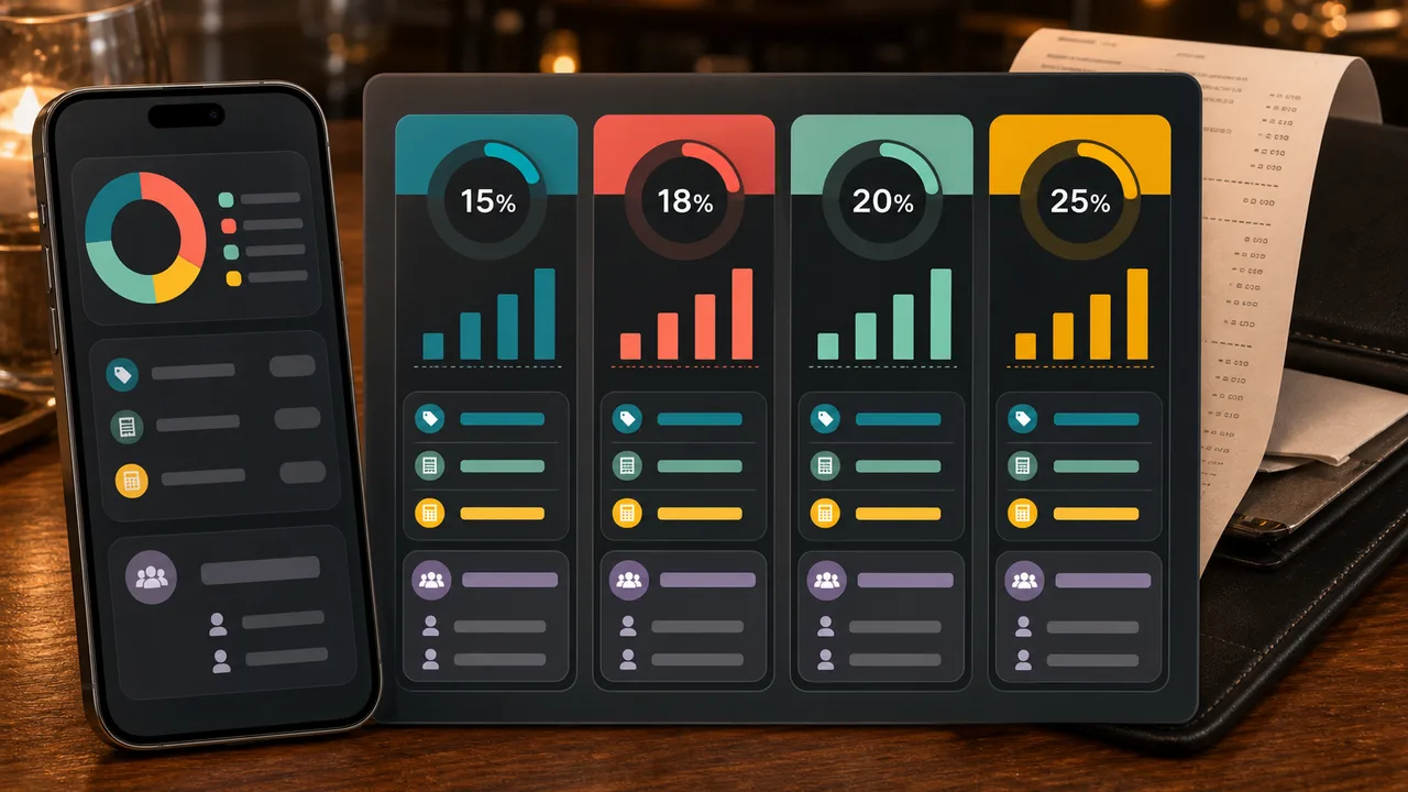 Restaurant Tip Simulator comparison of 15, 18, 20, and 25 percent tips with totals