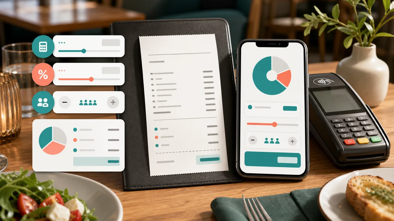 Restaurant Tip Simulator preview showing a restaurant bill, tip presets, tax, split count, and comparison totals