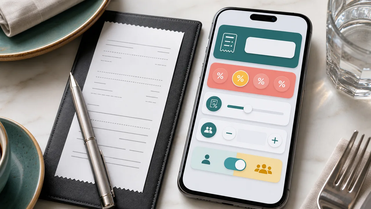 Restaurant Tip Simulator input screen with bill amount, tip presets, tax rate, and diners