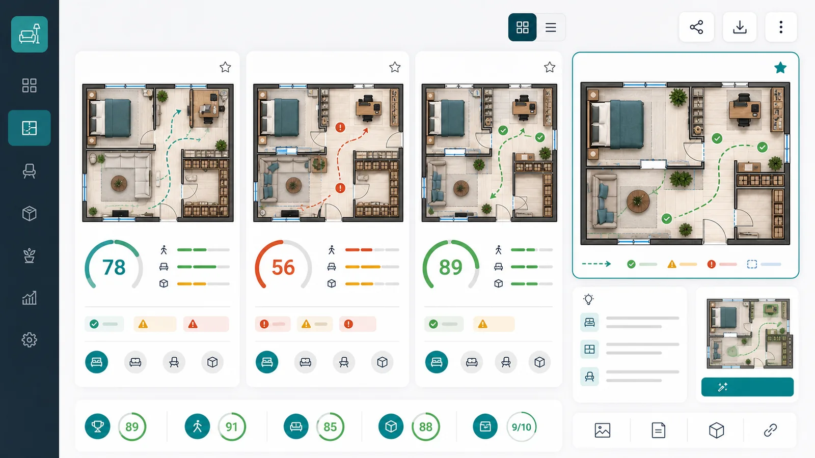Room Layout Simulator comparison dashboard with saved plans, scores, warnings, and optimization suggestions