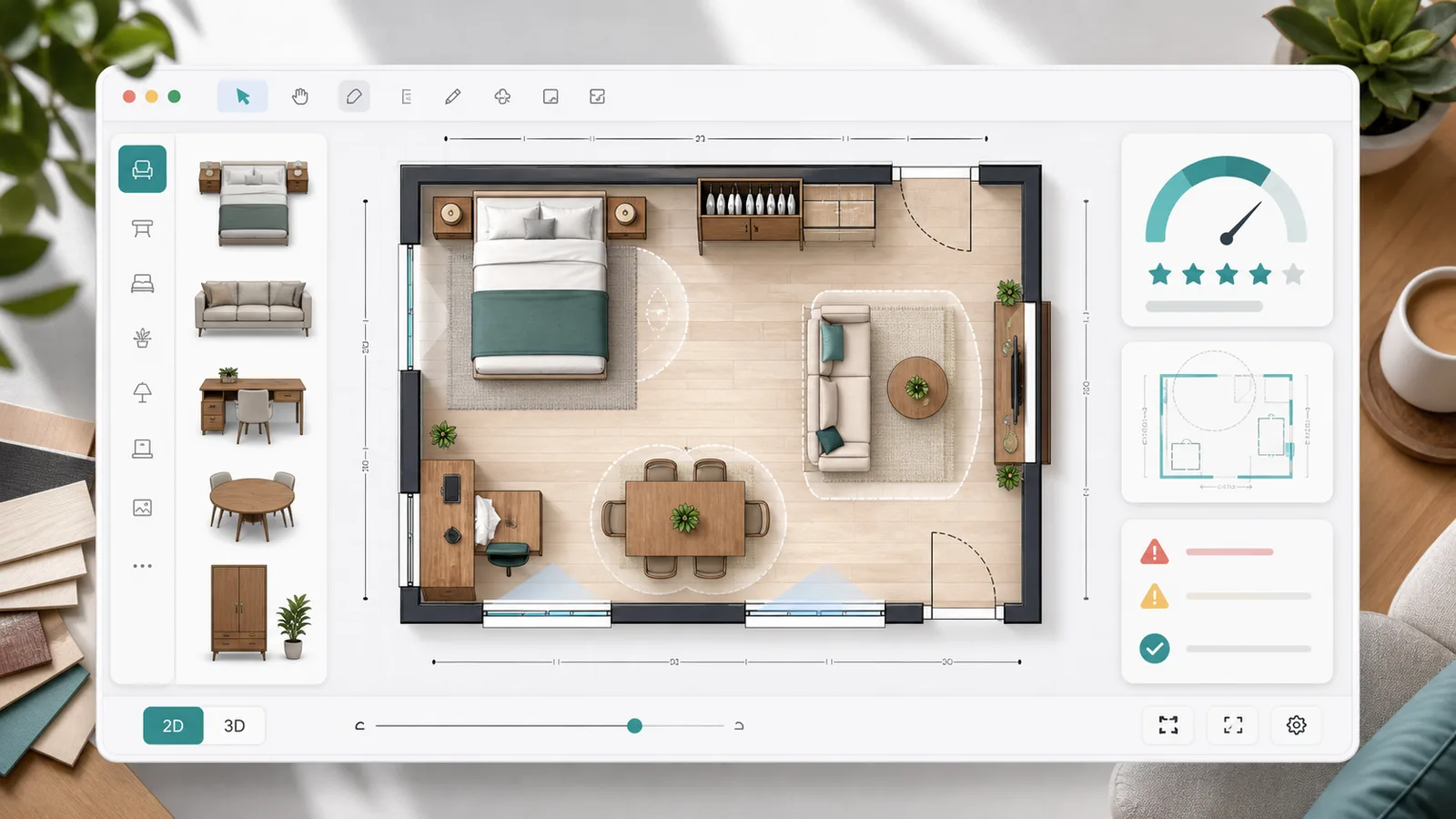 Room Layout Simulator preview showing a 2D floor plan, furniture blocks, door swing checks, window clearance, scores, and saved layout comparison