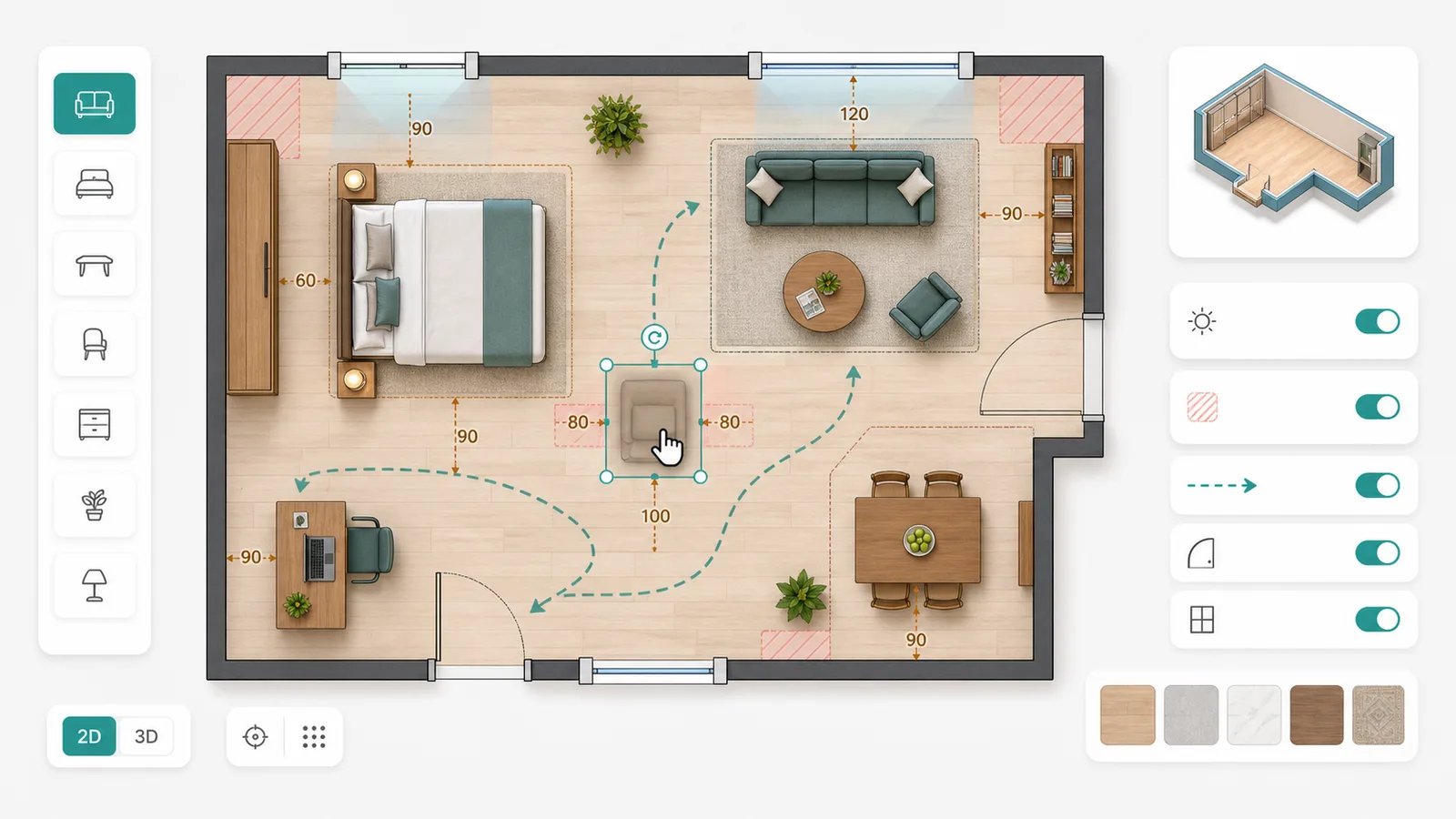 Room Layout Simulator 2D planner with furniture, door swing arcs, window zones, and traffic paths