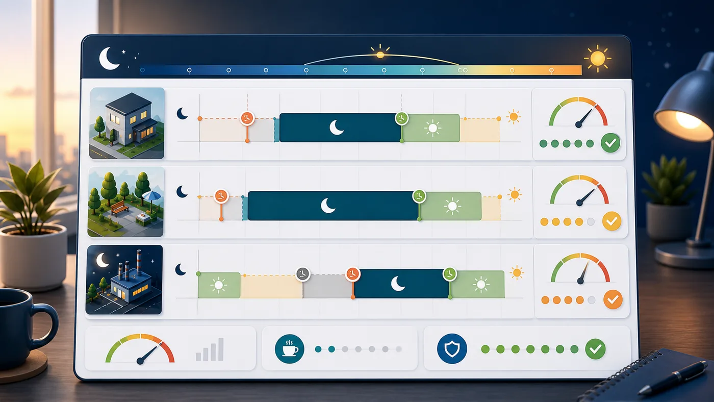 Sleep Schedule Simulator routine dashboard comparing weekday, weekend, and shift-work timing