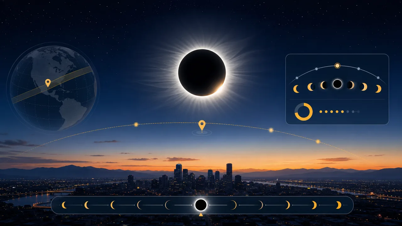 Solar Eclipse Simulator preview showing an eclipse path, local visibility results, timeline, and safety reminders