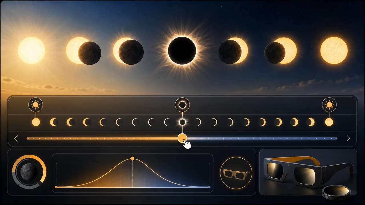 Solar Eclipse Simulator timeline showing eclipse phases, maximum obscuration, and safe viewing glasses