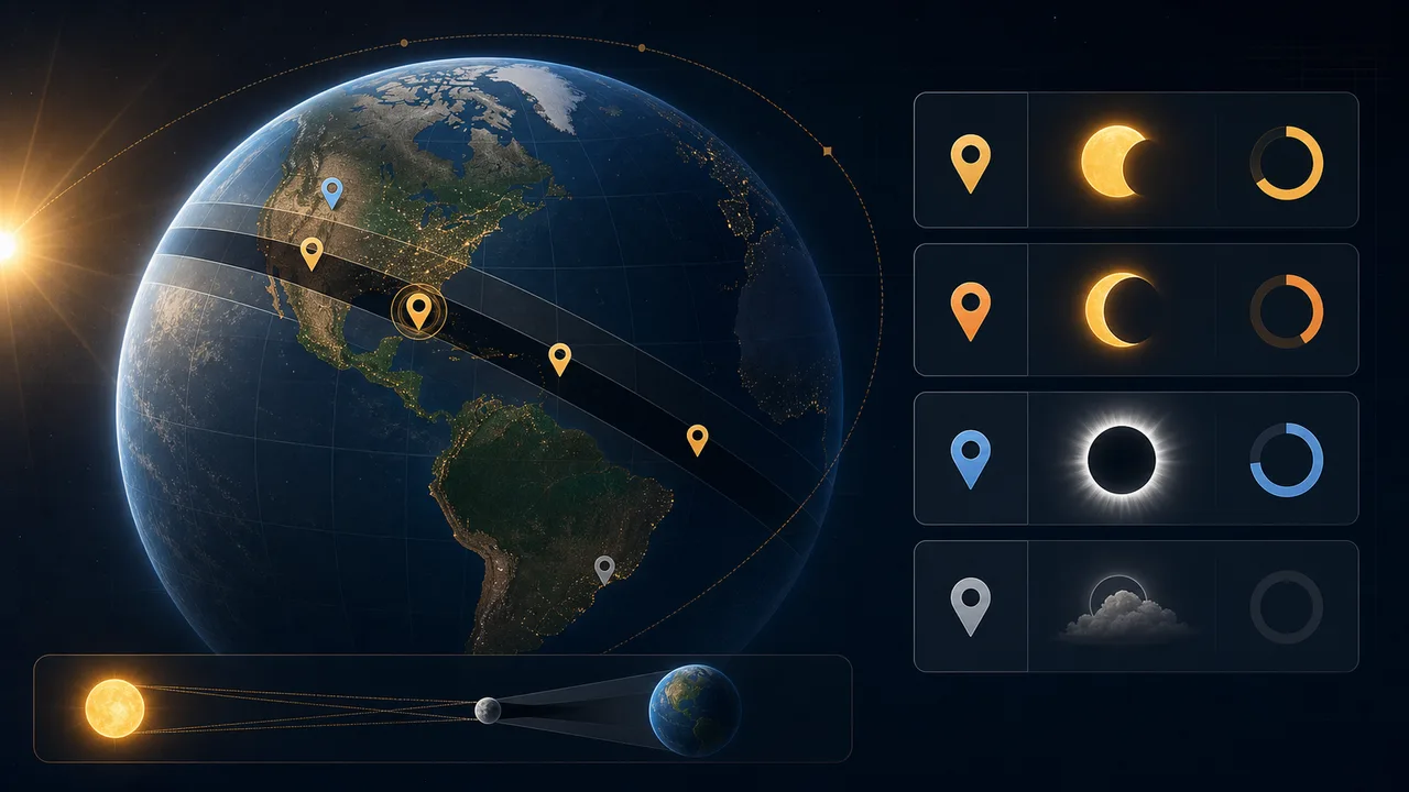 Solar Eclipse Simulator visibility map with eclipse path, city pins, and local visibility result cards