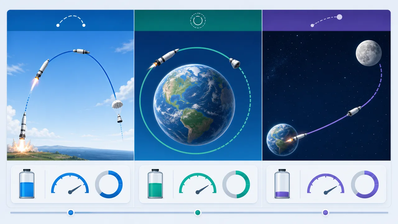 Spaceflight Simulator comparison showing suborbital, orbit, and transfer mission paths