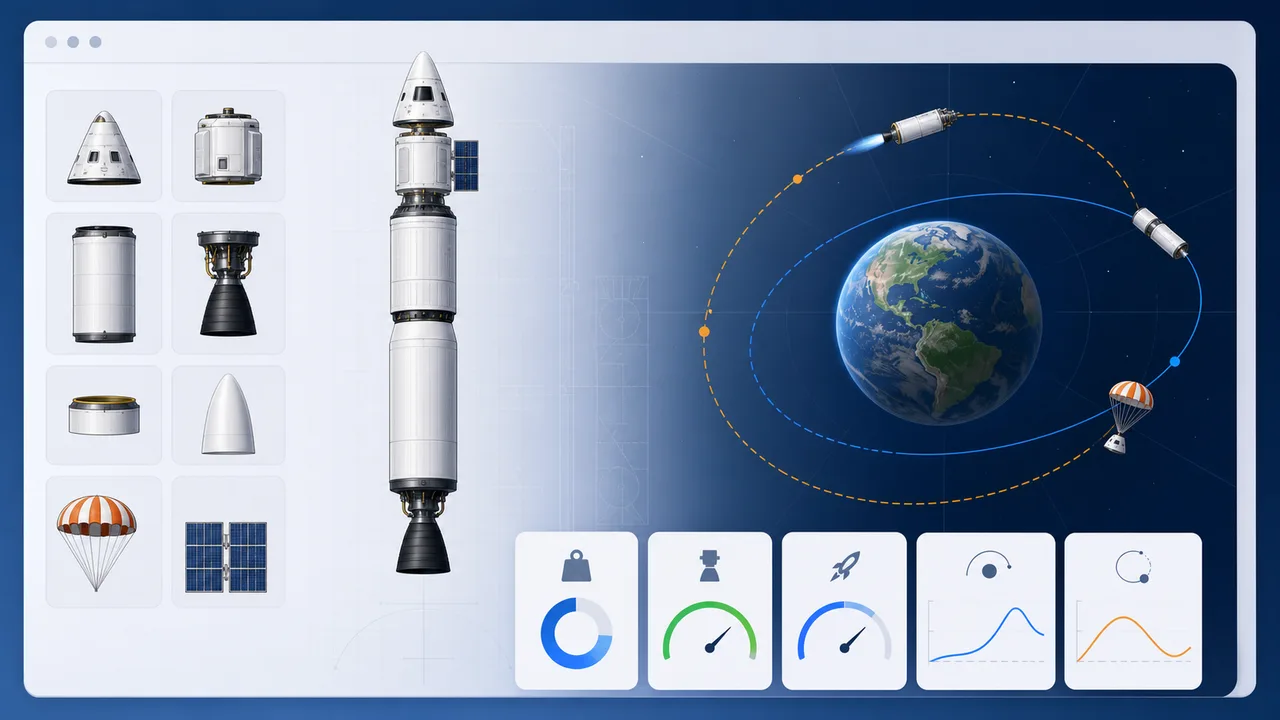 Spaceflight Simulator overview with modular rocket parts, orbit display, and flight metrics