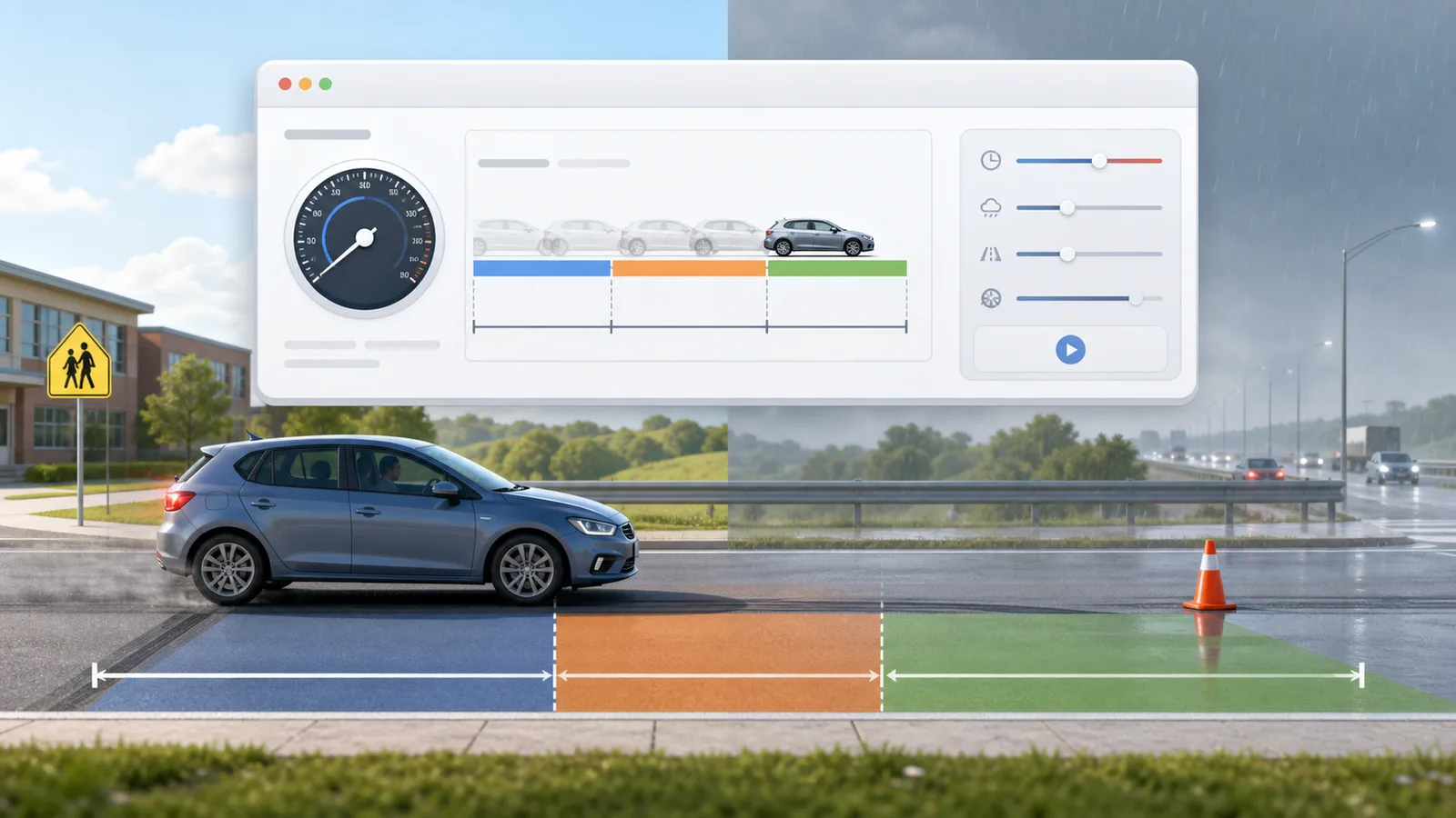 Stopping Distance Simulator preview showing braking distance controls, road scenarios, and result metrics
