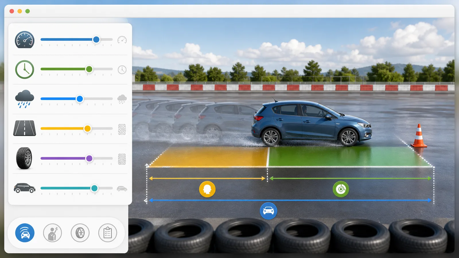 Stopping Distance Simulator overview with speed, weather, road, tire, vehicle controls and distance bands