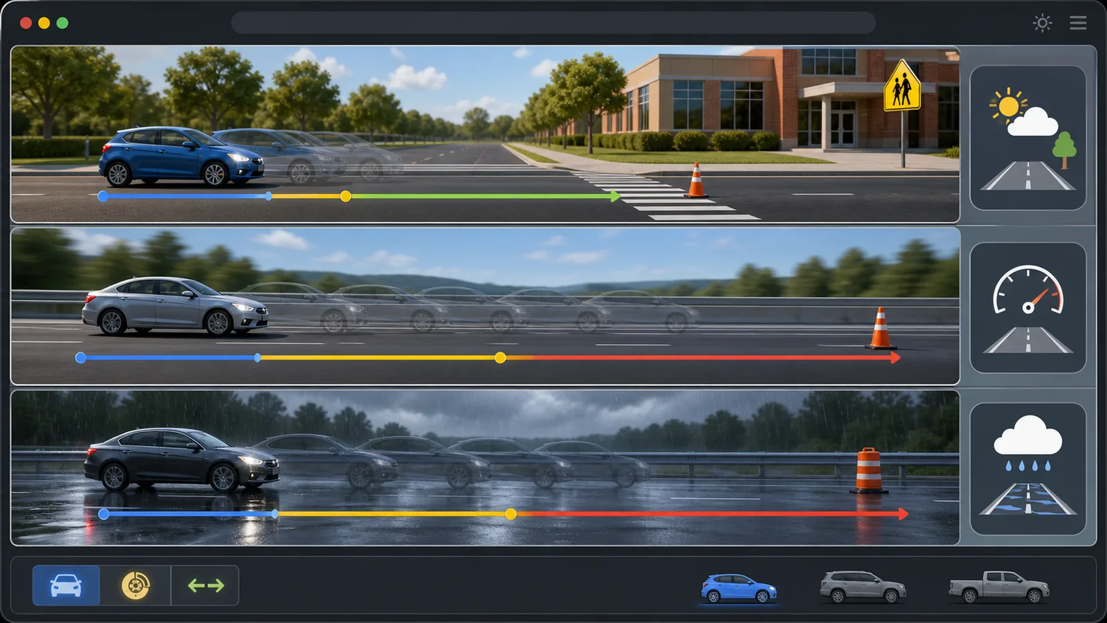 Stopping Distance Simulator scenarios comparing school gate, highway, and rainy road stopping distances