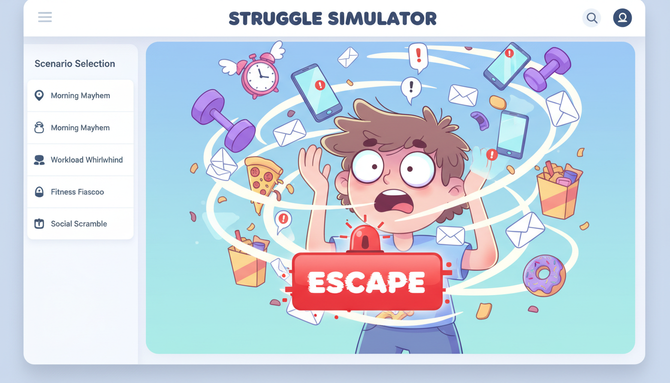 Struggle Simulator preview showing the browser simulator interface and result