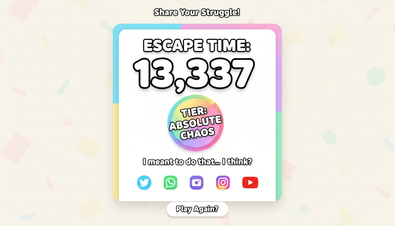 A meme result card with escape time, rating badge, and social share buttons