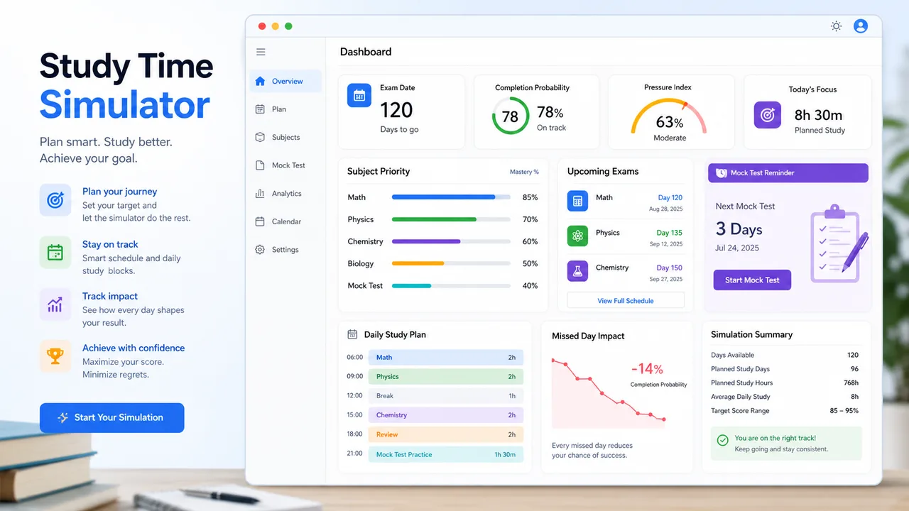 Study Time Simulator daily schedule with study blocks, review tasks, mock test prompt, and pressure score