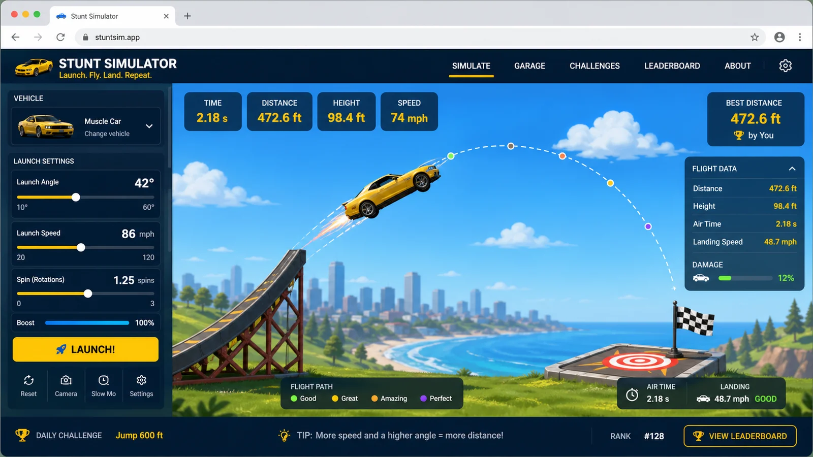 Stunt Simulator preview showing the browser simulator interface and result - Stunt Simulator Runs in browser