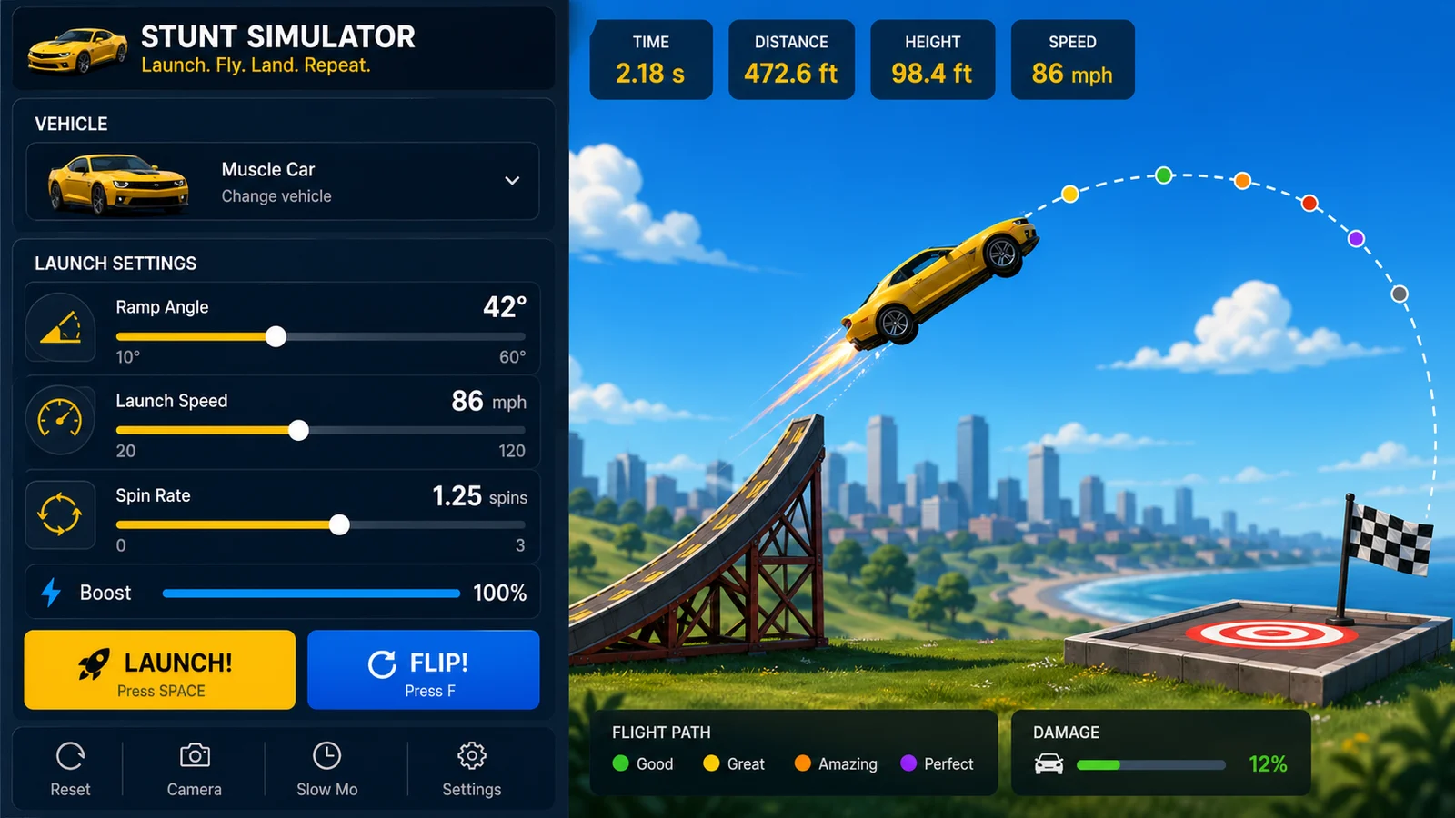 Stunt Simulator preview showing the browser simulator interface and result - Adjustable controls