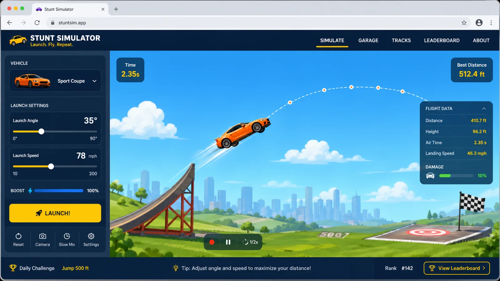 Stunt Simulator preview showing the browser simulator interface and result