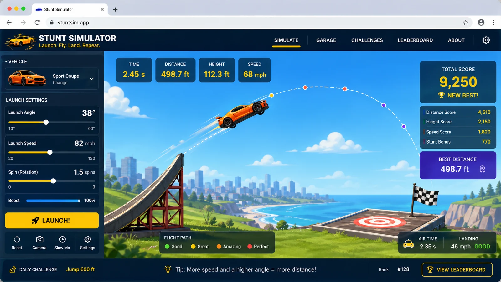Stunt Simulator preview showing the browser simulator interface and result - overview