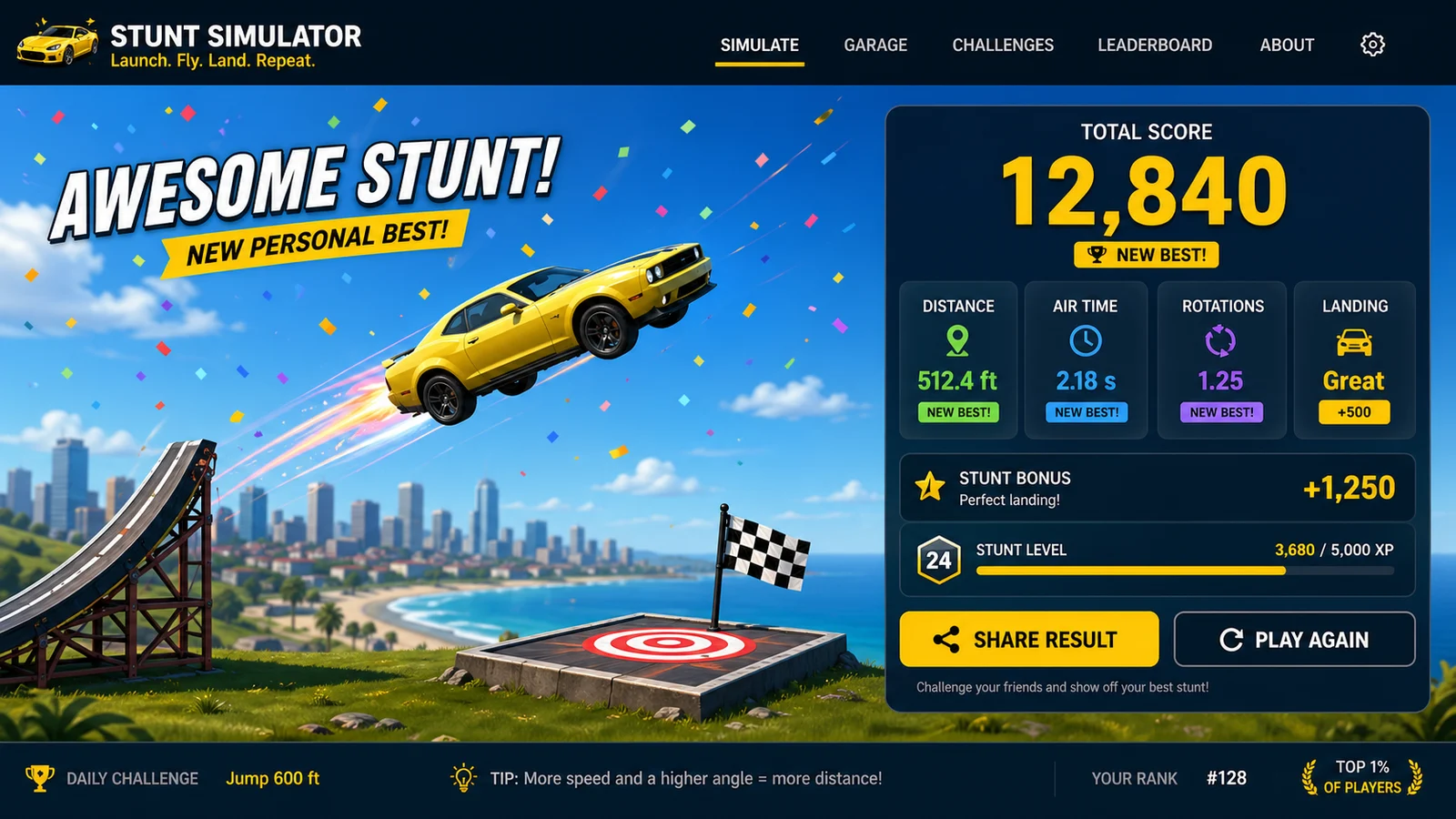 Stunt Simulator preview showing the browser simulator interface and result - Result sharing