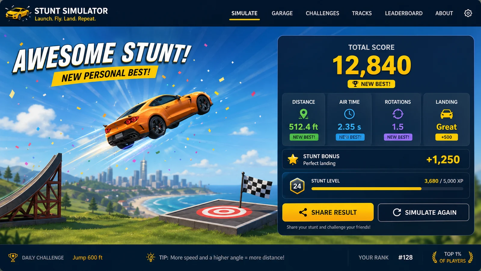 Stunt Simulator preview showing the browser simulator interface and result - sharing result