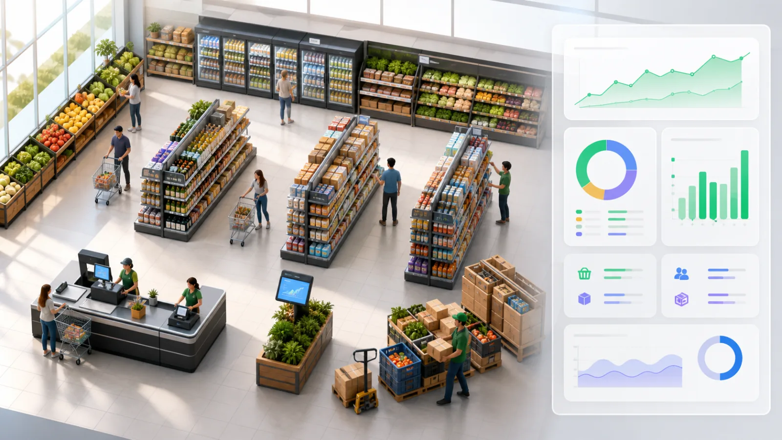 Supermarket Profit Simulator preview showing grocery profit, shelf capacity, staffing, inventory risk, and cash flow