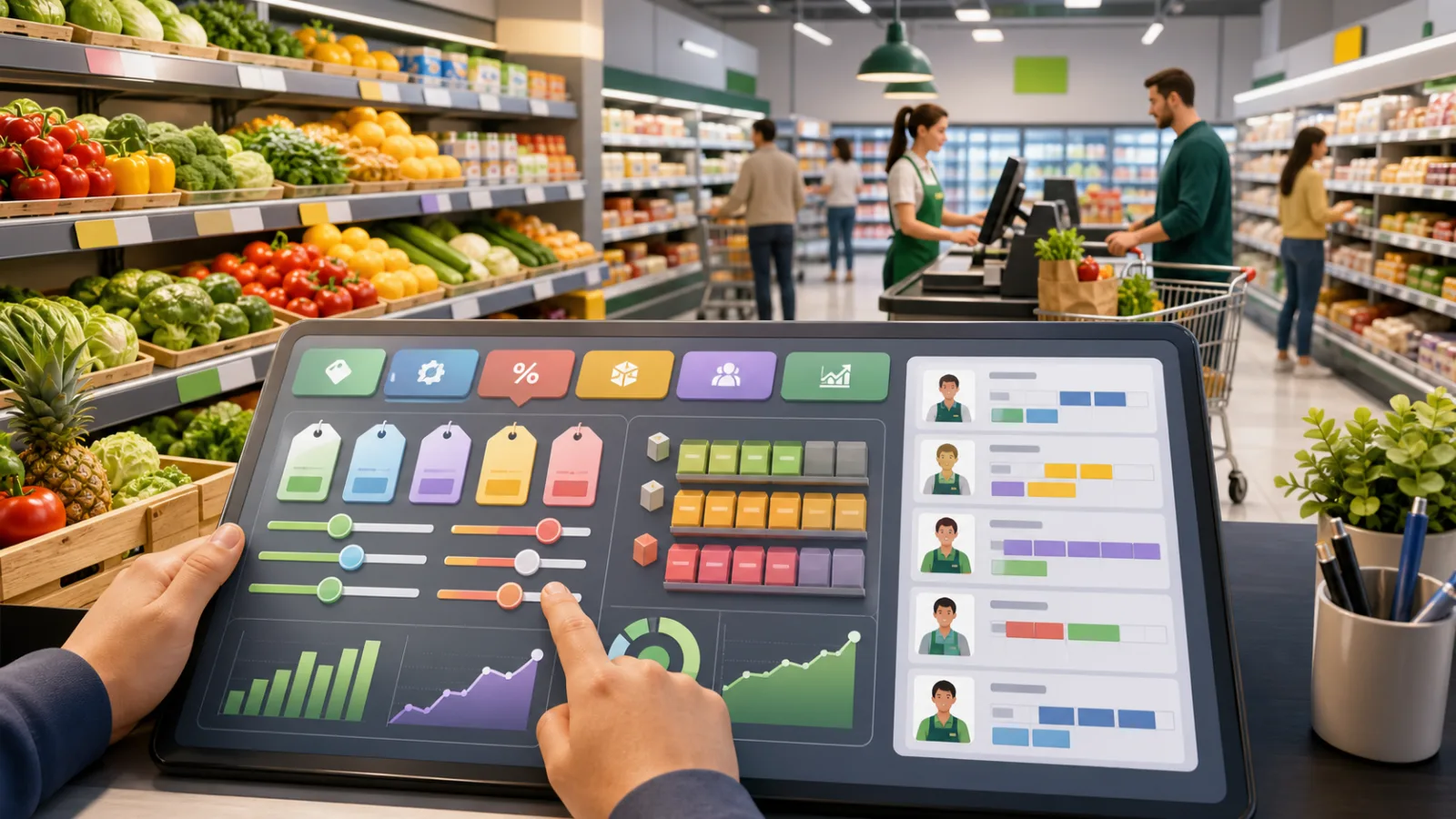 Supermarket Profit Simulator dashboard showing grocery aisles, pricing controls, revenue, margin, and daily profit
