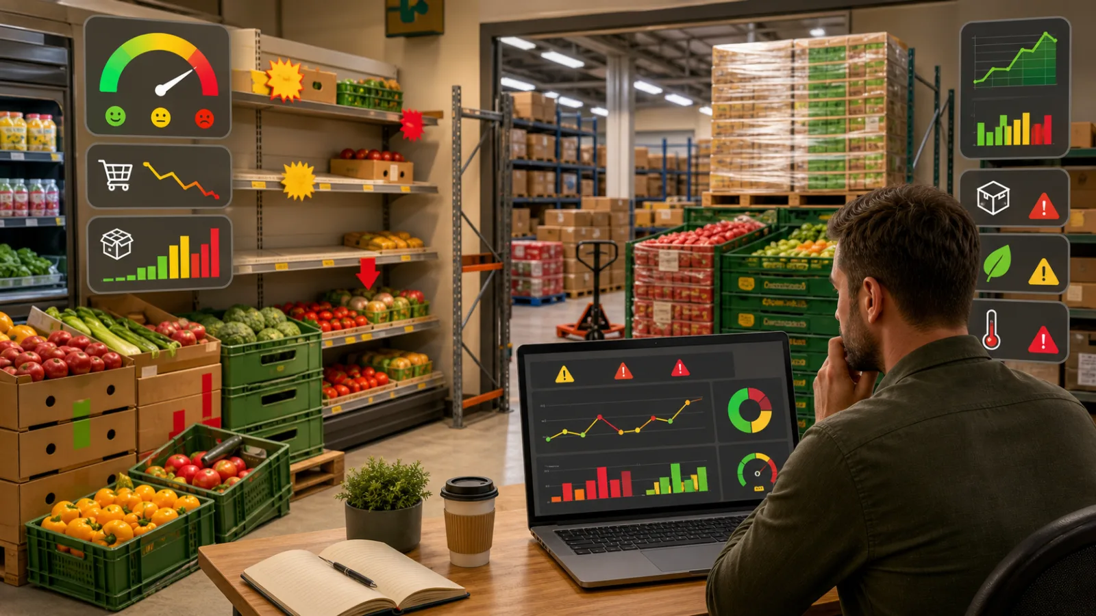 Supermarket Profit Simulator risk panel showing inventory crates, shelf pressure, stockout risk, slow-moving risk, and cash flow