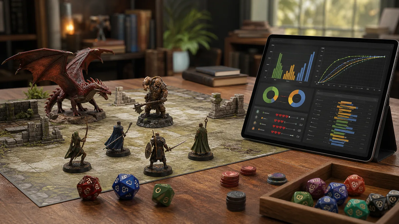 Tabletop Battle Simulator preview showing miniatures, dice, armor tokens, hit chance charts, damage curves, kill probability, and tactic win rate