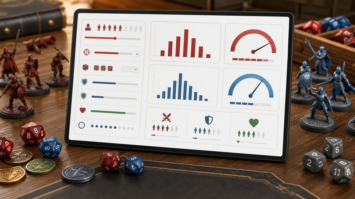 Tabletop Battle Simulator interface with dice, miniature combat pieces, hit chance bars, damage distribution, kill probability, and survival probability