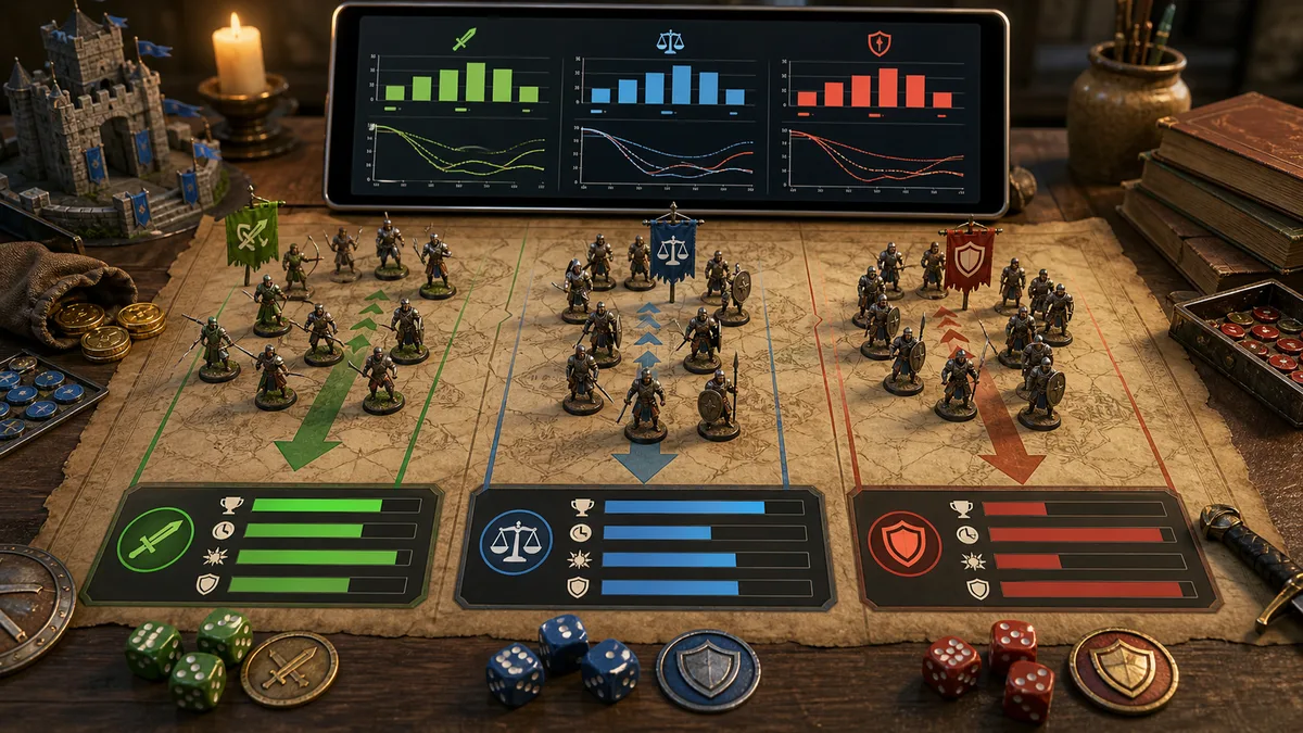 Tabletop Battle Simulator tactic board with miniatures, colored lanes, dice, armor tokens, and win chance comparison charts