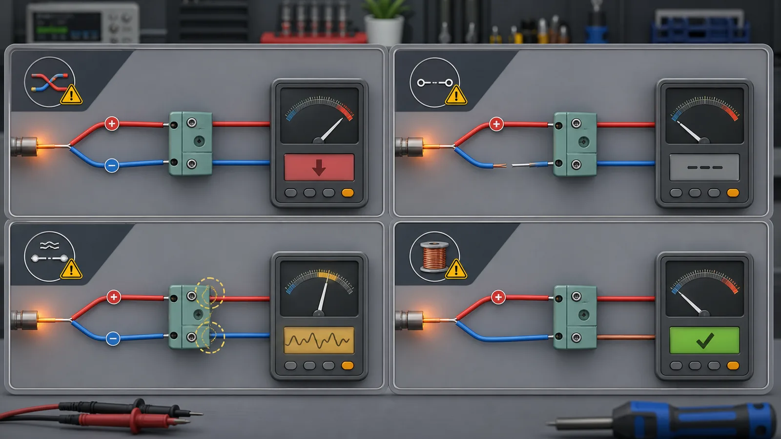 Thermocouple Simulator fault panels for reversed polarity, open probe, loose contact, and wrong copper extension