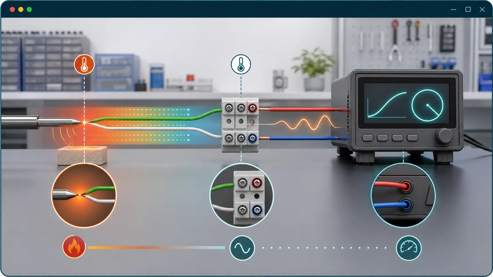 Thermocouple Simulator preview showing hot junction, cold junction, polarity wires, compensation mode, and instrument reading