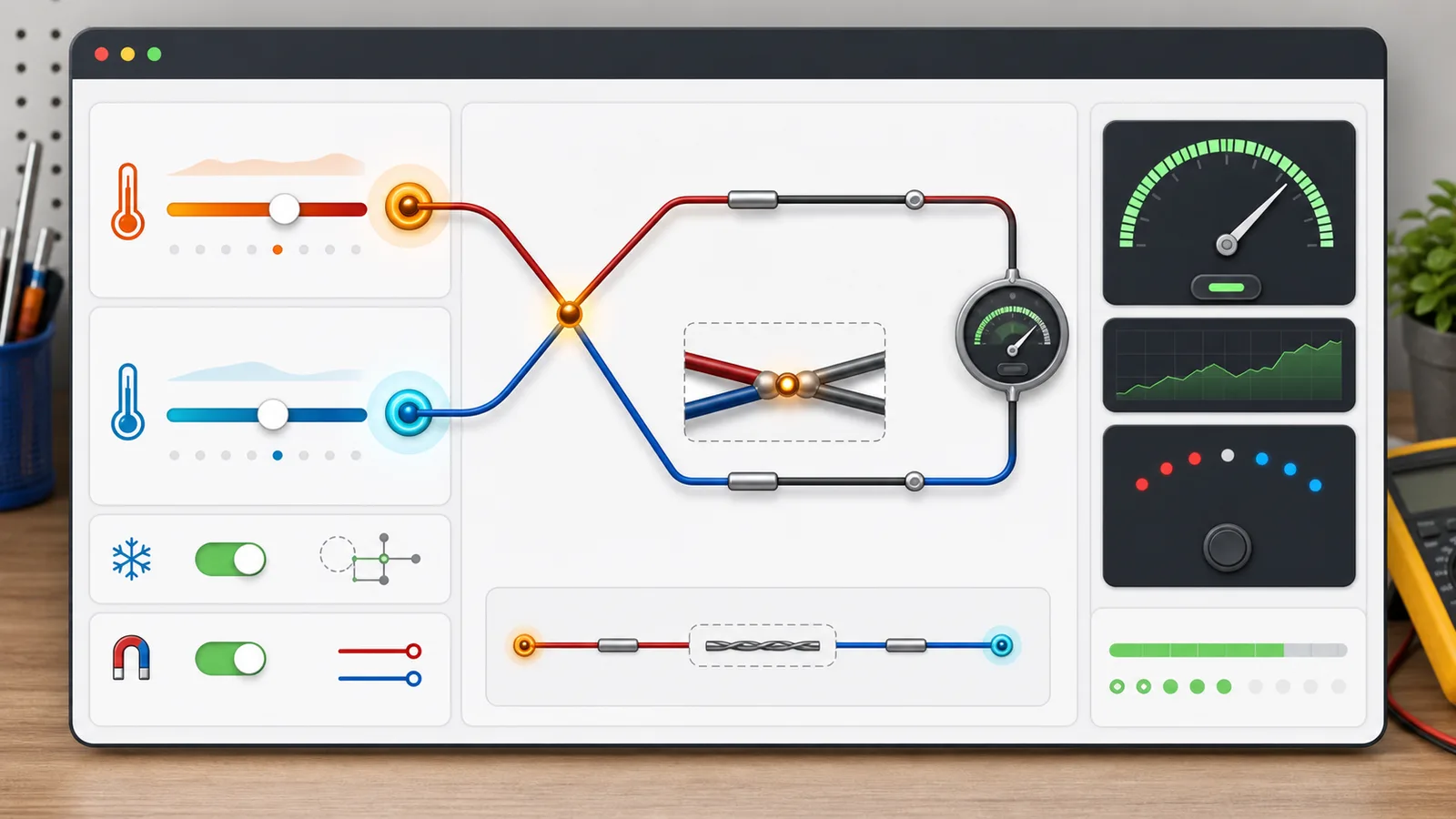 Thermocouple Simulator dashboard with hot junction, cold junction, compensation, polarity, and reading trend controls