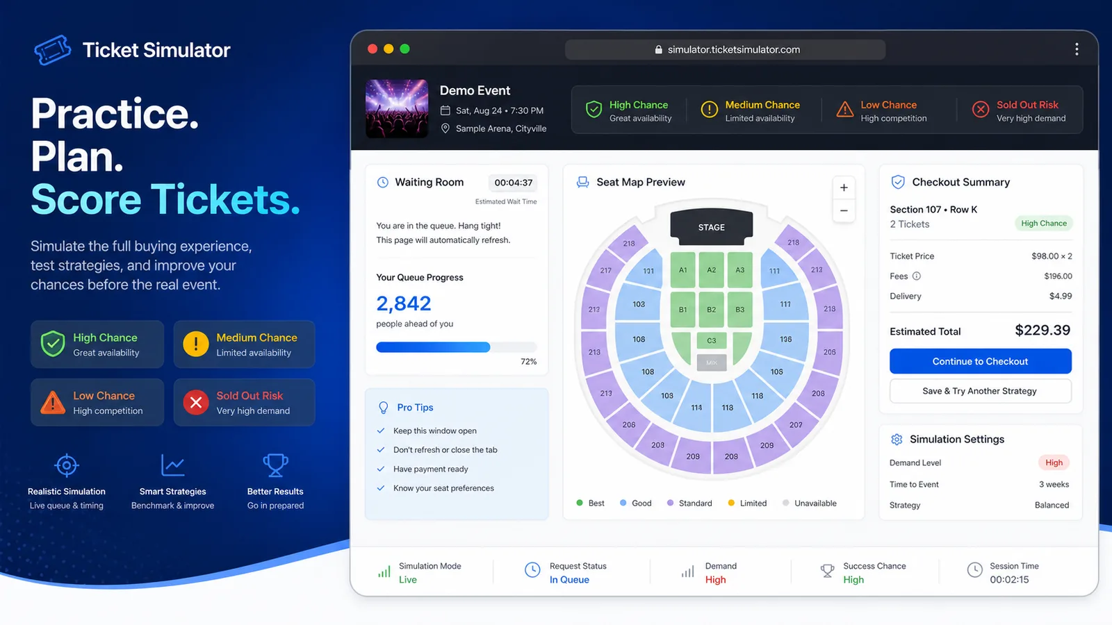 Ticketmaster Simulator preview showing a generic ticket queue, seat map, checkout total, and chance labels