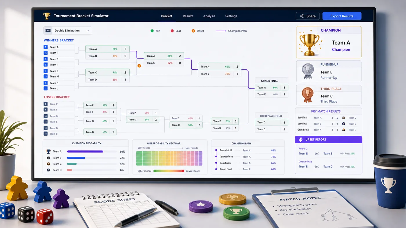 Tournament Bracket Simulator double elimination dashboard with winners bracket, losers bracket, grand final, reset final, and upset report