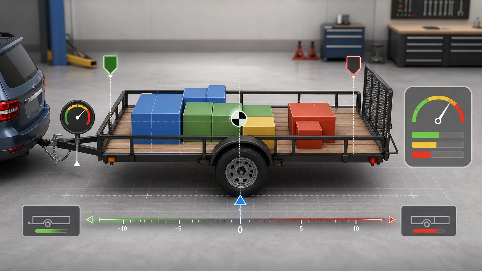 Trailer Loading Simulator dashboard showing cargo blocks, center of gravity, tongue-weight gauge, and axle-load cards