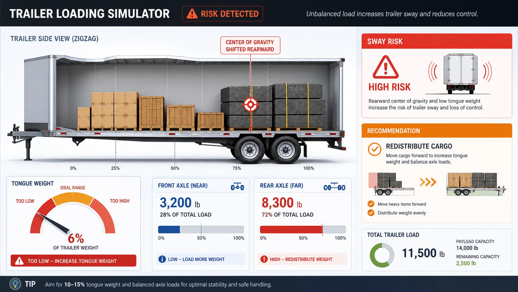 Trailer Loading Simulator warning view showing rear-heavy cargo, low tongue weight, sway risk, and move-forward arrows