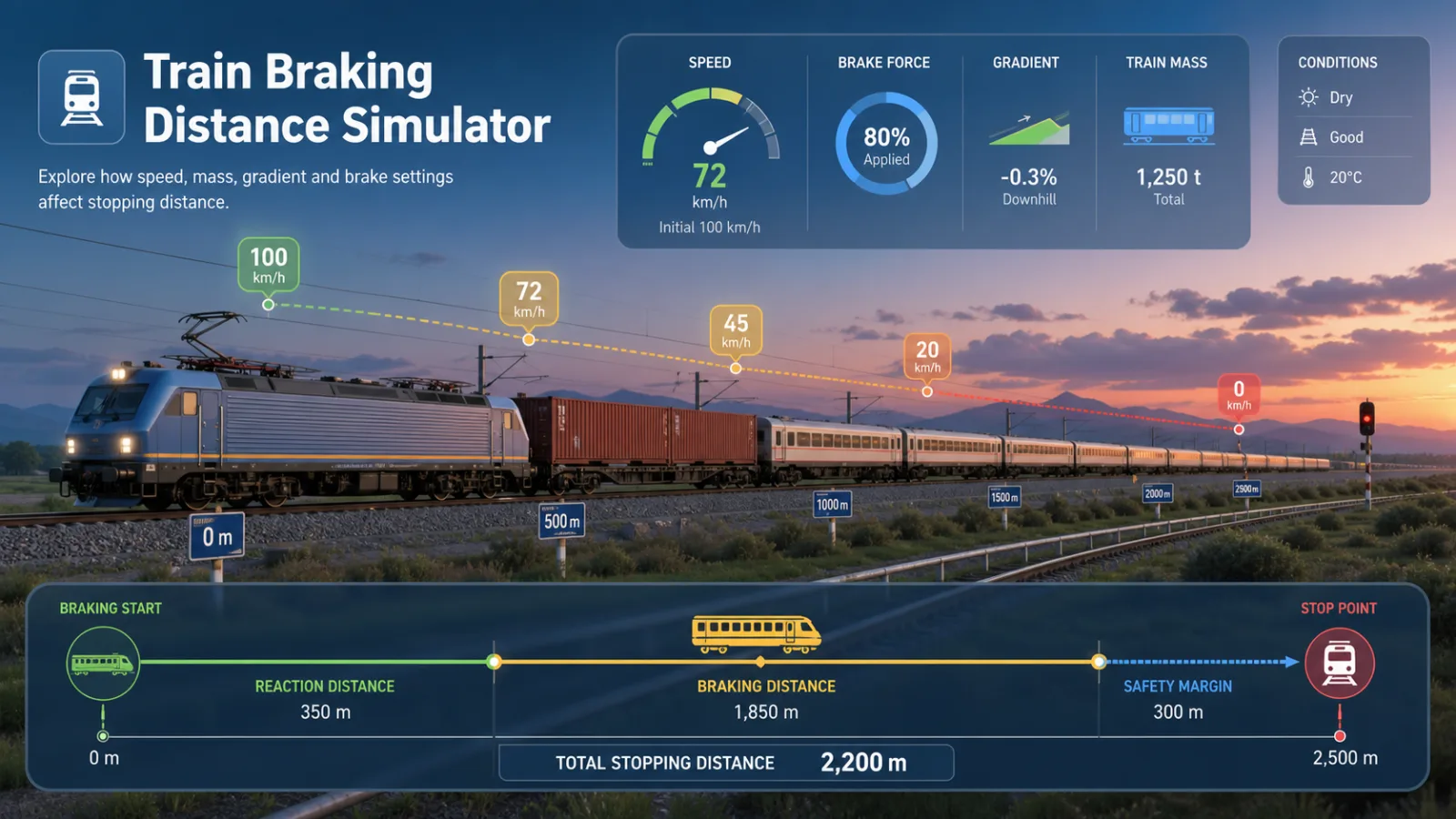 Train Braking Distance Simulator preview showing train speed, weight, grade, brake type, speed curve, target distance, and safety risk